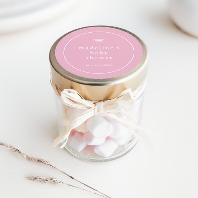 Elegant Simple Pink Girls Baby Shower Classic Round Sticker (Simple bow pink girls baby shower favor and/or envelope stickers.)