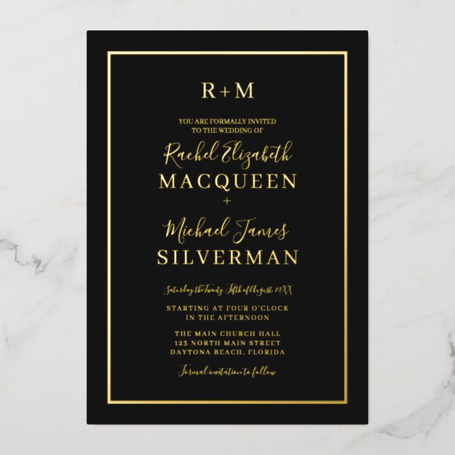 Elegant Simple Real Gold Border Black Wedding (Front)
