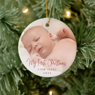 Elegant Simple Red Baby Photo My First Christmas Ceramic Tree Decoration