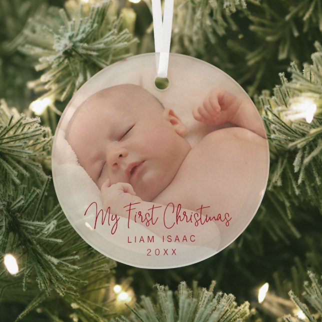 Elegant Simple Red Baby Photo My First Christmas Glass Tree Decoration (Insitu)