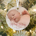 Elegant Simple Red Baby Photo My First Christmas Metal Tree Decoration<br><div class="desc">Did you have a baby this year? Add a memory to your tree with this modern ornament featuring a simple design with with the message "My First Christmas" in an elegant thin red script along with your baby's name and the year over your favourite photo. Add the same photo to...</div>