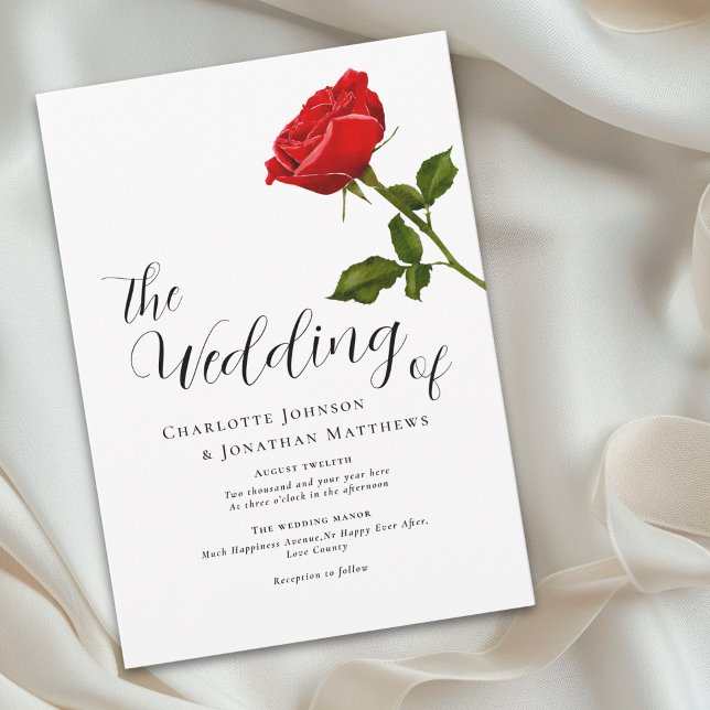 Elegant Simple Red Rose Wedding Invitation (Elegant simple watercolor single red rose wedding invitation stylish script classic romantic)