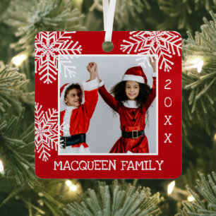 Elegant Simple Red White Snowflake Photo Christmas Metal Tree Decoration