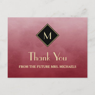 Elegant Simple Red With Gold Monogram Thank You Postcard