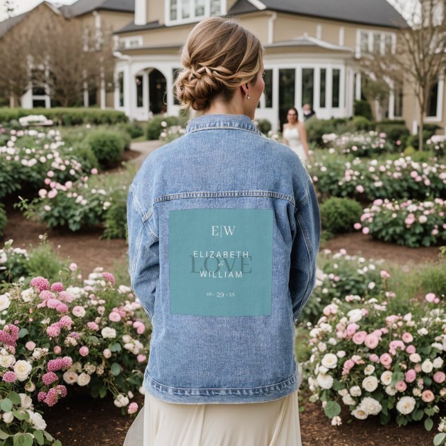 Elegant Simple Retro Blue with Monogram Wedding Denim Jacket (Wedding Back)