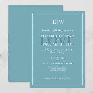 Elegant Simple Retro Blue with Monogram Wedding Invitation