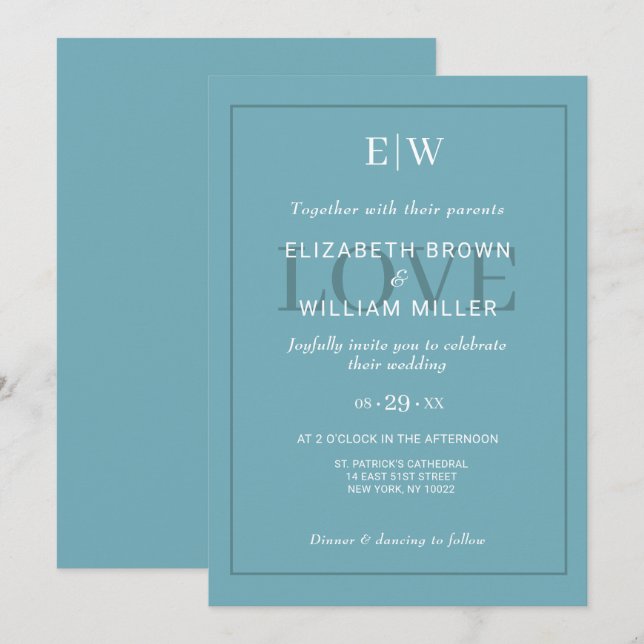 Elegant Simple Retro Blue with Monogram Wedding Invitation (Front/Back)