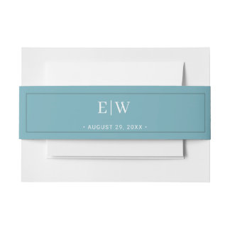 Elegant Simple Retro Blue with Monogram Wedding Invitation Belly Band