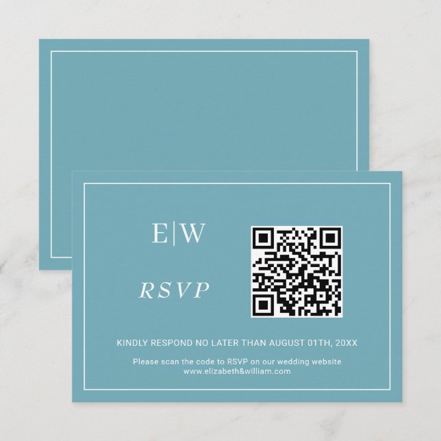 Elegant Simple Retro Blue with Monogram Wedding RSVP Card (Front/Back)