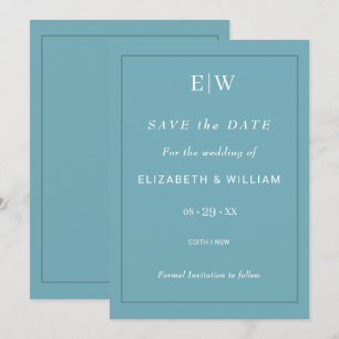 Elegant Simple Retro Blue with Monogram Wedding Save The Date