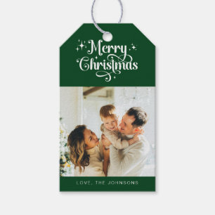 Elegant Simple Retro Green Merry Christmas Photo Gift Tags