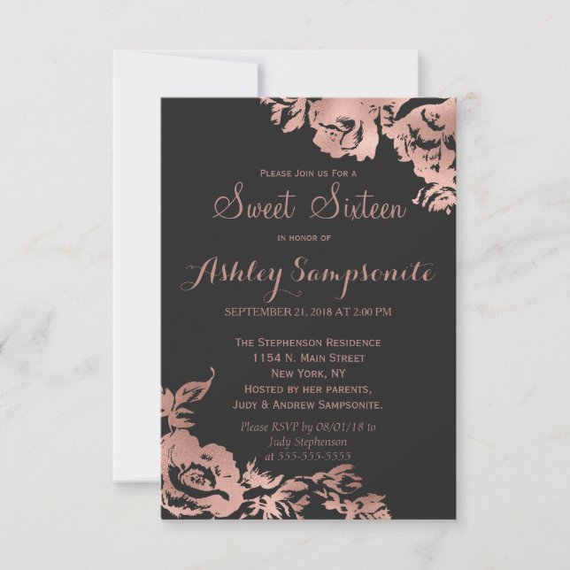 Elegant Simple Rose Gold Pink Floral Sweet 16 Invitation (Front)