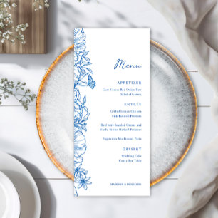 Elegant Simple Royal Blue Floral Garden Wedding Menu