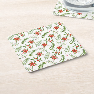 Elegant Simple Rustic Red & Green Xmas Botanical Square Paper Coaster