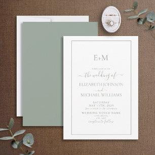 Elegant Simple Sage Green Formal Monogram Wedding Invitation