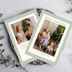 Elegant Simple Sage Green Plaid 2 Photo Christmas Holiday Card