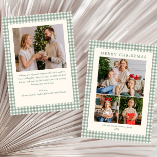 Elegant Simple Sage Green Plaid 4 Photo Christmas Holiday Card