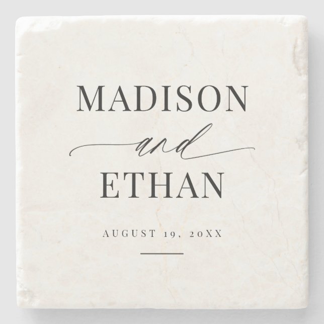 Elegant Simple Script Calligraphy Newlywed Stone Coaster (Front)