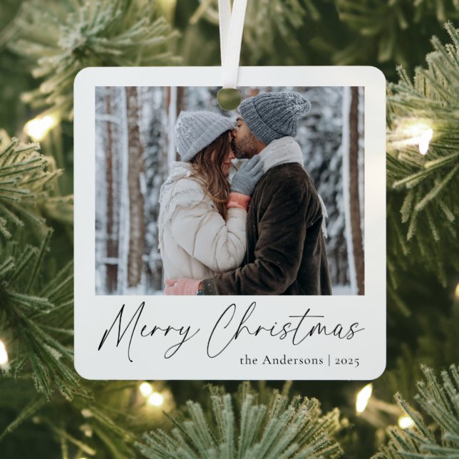 Elegant Simple Script Couple Photo Merry Christmas Metal Tree Decoration (Insitu)
