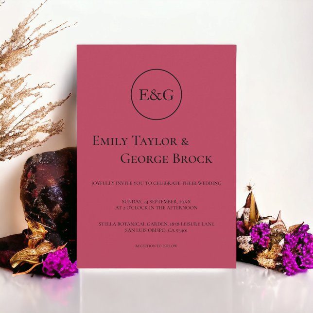 Elegant Simple Script Magenta Monogram Wedding Invitation (Creator Uploaded)