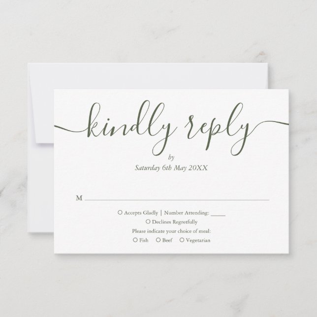 Elegant Simple Script Olive Green Photo Wedding RSVP Card (Front)
