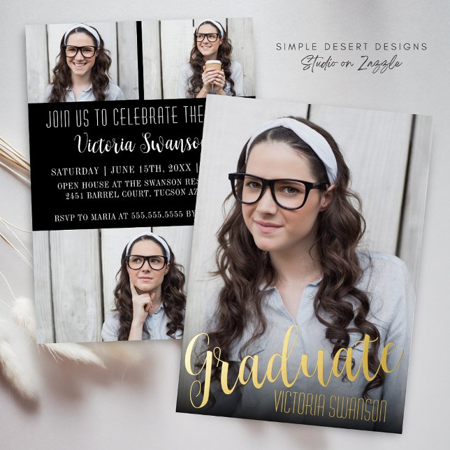 Elegant Simple Script Trendy 4 Photo Graduation (Modern Script Graduation Party Invitation with Gold Foil and Trendy Typography)
