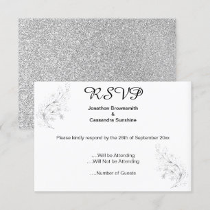 ELEGANT SIMPLE SILVER LEAF SILVER GLITTER RSVP INVITATION