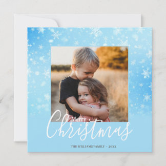 Elegant Simple Snowy  Blue Merry Christmas Photo Holiday Card