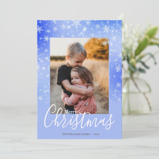 Elegant Simple Snowy Purple Merry Christmas Photo Holiday Card (Standing Front)