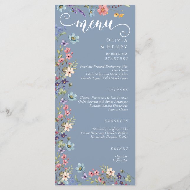 Elegant Simple Spring Blue Wildflowers Wedding  Menu (Front)