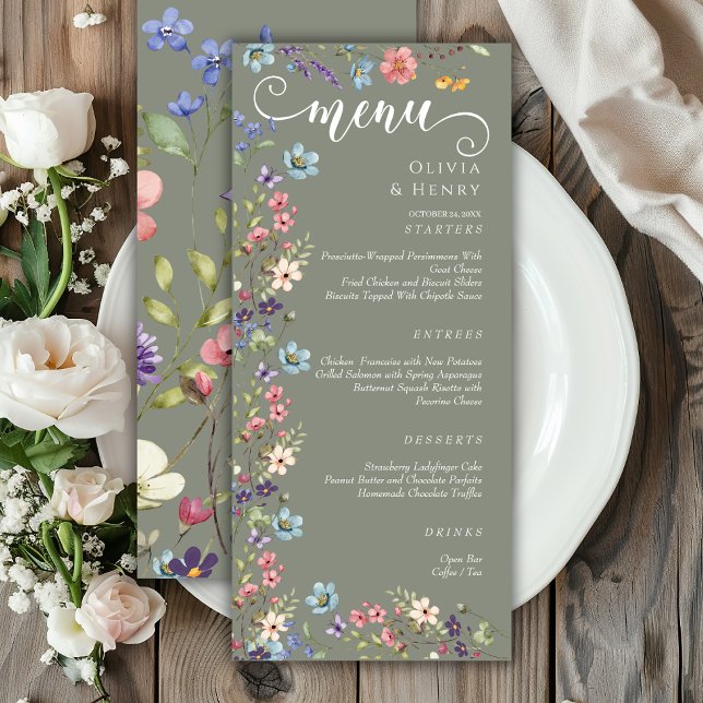 Elegant Simple Spring Sage Wildflowers Wedding  Menu (Creator Uploaded)