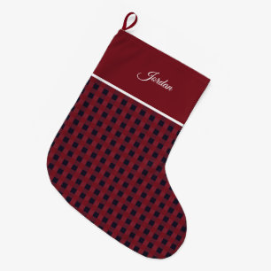 Elegant Simple Stylish Red Navy Gingham Name Large Christmas Stocking
