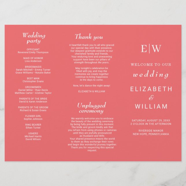 Elegant Simple Sunset Coral with Monogram Wedding Flyer (Front)
