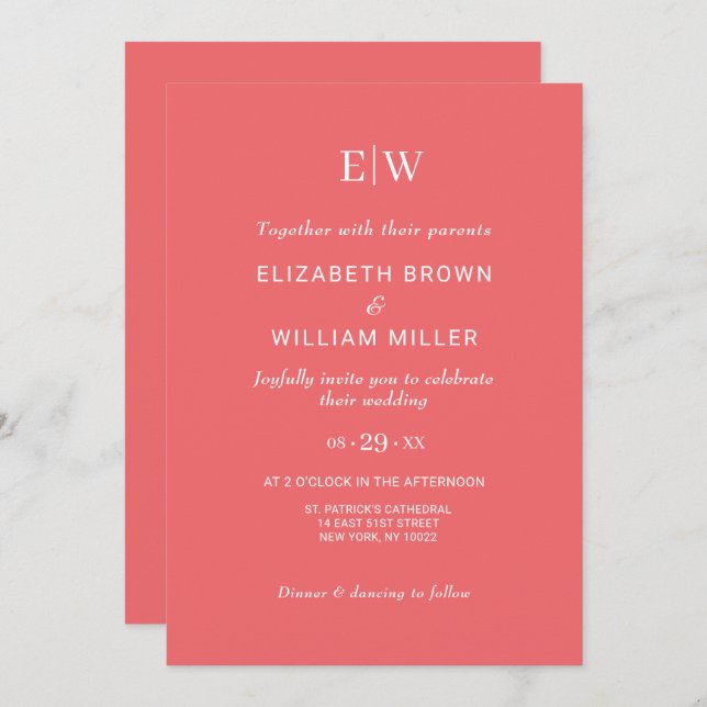 Elegant Simple Sunset Coral with Monogram Wedding Invitation (Front/Back)