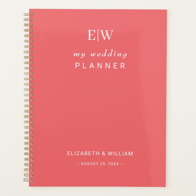 Elegant Simple Sunset Coral with Monogram Wedding Planner (Front)