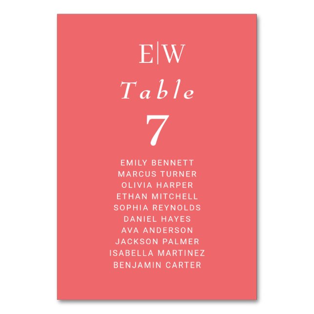 Elegant Simple Sunset Coral with Monogram Wedding Table Number (Front)