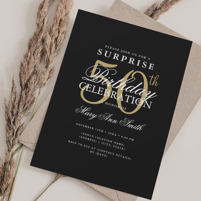 Elegant Simple SURPRISE 50th Birthday Gold  Invitation (Elegant Simple SURPRISE 50th Birthday Gold Invitation)
