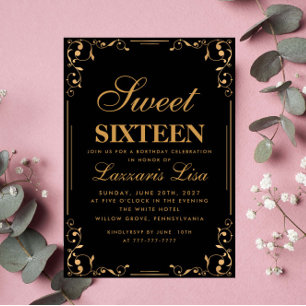 Elegant Simple Sweet Sixteen 16 Black Birthday Invitation