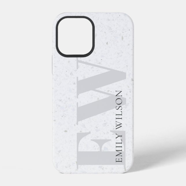 Elegant Simple Terrazzo Stone Grey Name Monogram iPhone Case (Back)