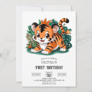 Elegant Simple Tiger 1st Birthday Digital Invitation