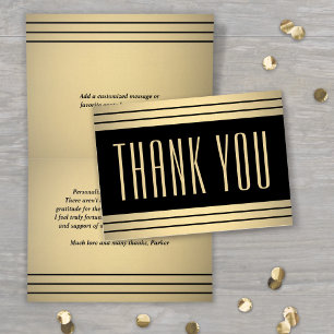 Elegant Simple Typography Striped Black and Gold Thank You Card