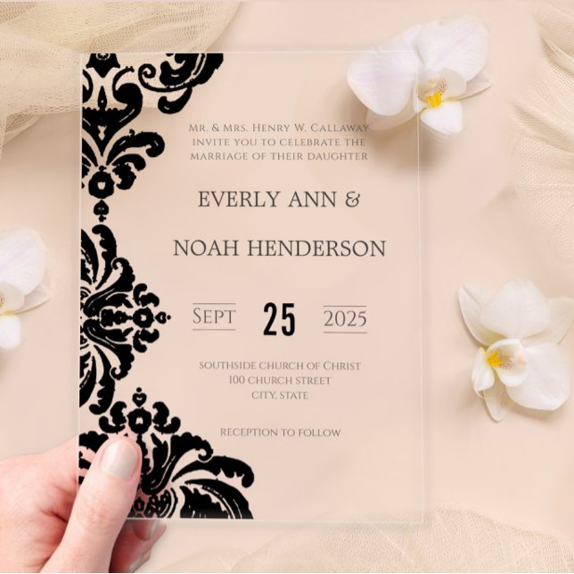 Elegant Simple Victorian Black Damask Wedding Acrylic Invitations (Creator Uploaded)