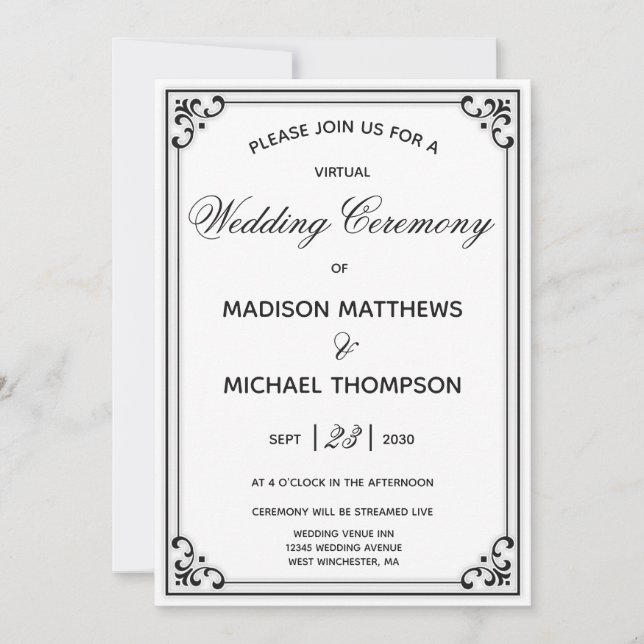 Elegant Simple Virtual Wedding Livestream Wedding  Invitation (Front)
