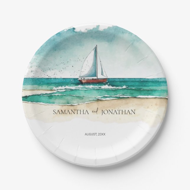 Elegant simple watercolor boat cruise wedding paper plate (Front)