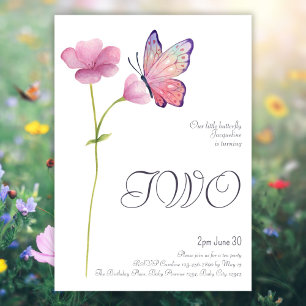 Elegant Simple Watercolor Butterfly 2nd Birthday Invitation