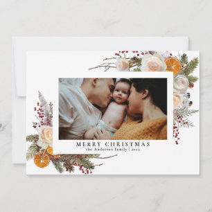 Elegant Simple Watercolor Floral Merry Christmas Holiday Card