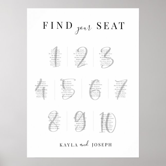 Elegant Simple Wedding 10 Table Seating Chart Sign (Front)