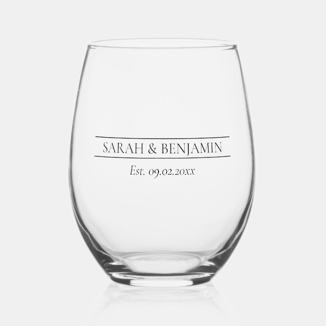 Elegant Simple Wedding Keepsake Gift Stemless Wine Glass (Front)
