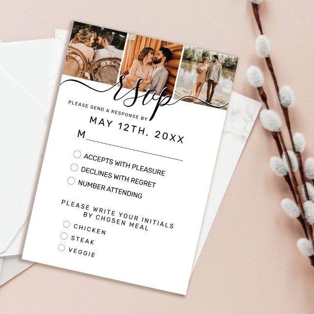 Elegant Simple White Black Photo Wedding RSVP Card (Creator Uploaded)