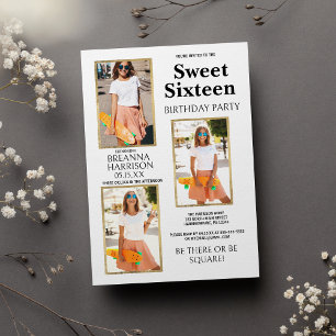 Elegant Simple White Gold Photo Sweet Sixteen Invitation
